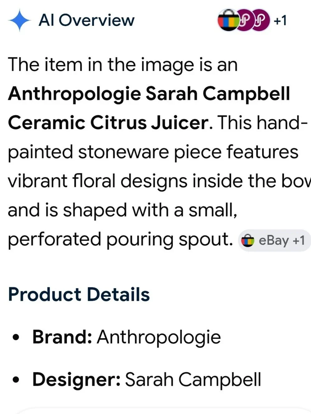 Anthropologie Sarah Campbell Ceramic Citrus Juicer Orange Floral
